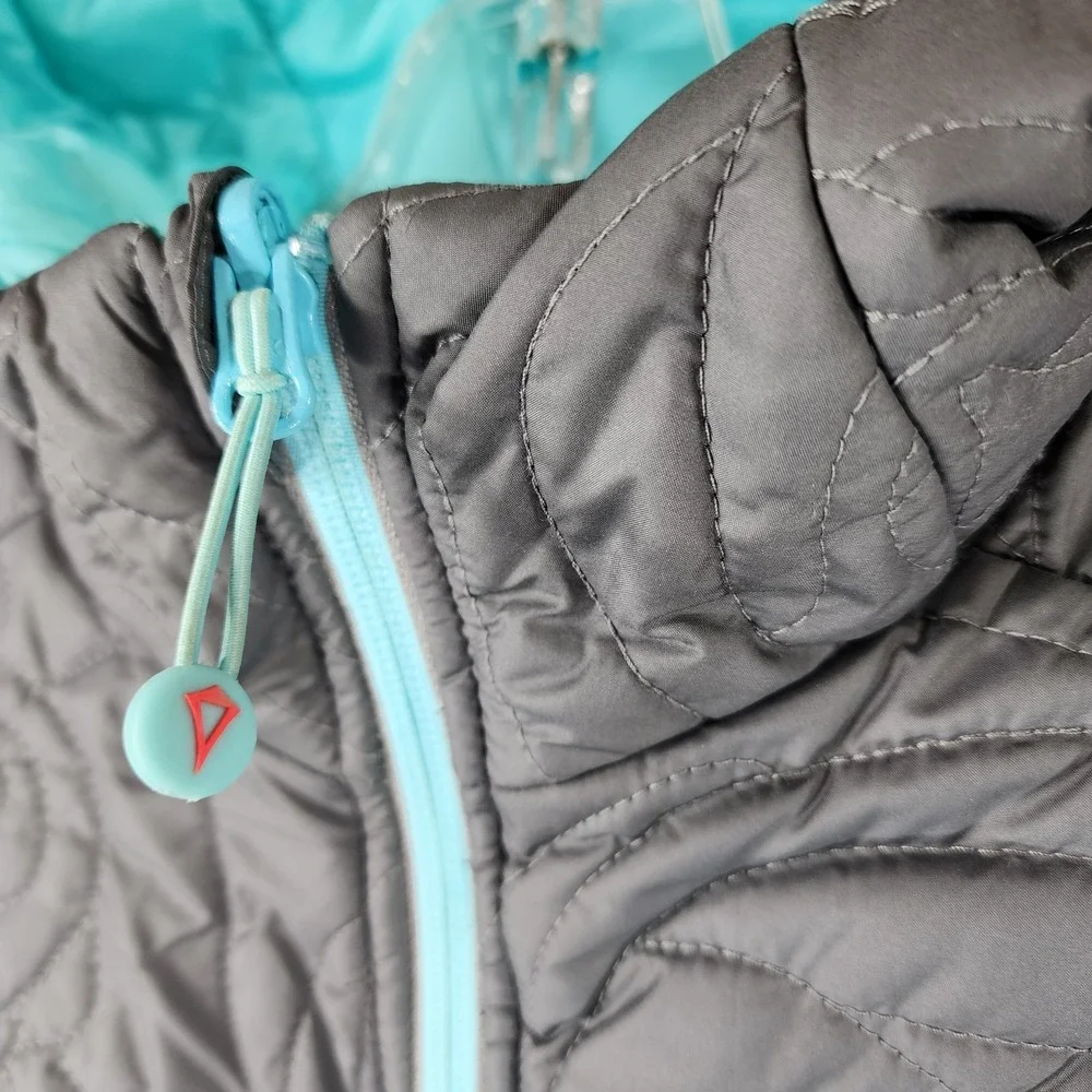 Ivivva by Lululemon Reversible‎ Hooded Puffer Vest Girls 14 Aqua Gray Quilted